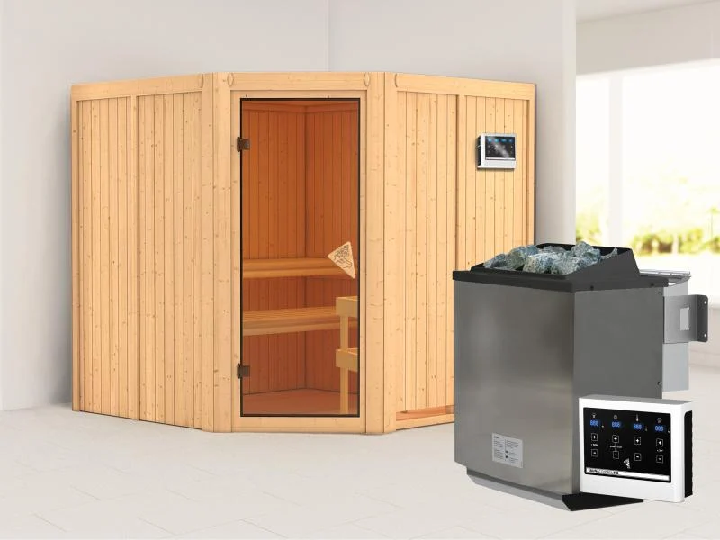 Jarin - Karibu Sauna inkl. 9-kW-Bioofen - ohne Dachkranz -