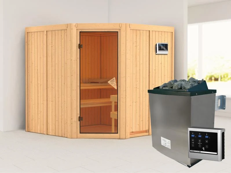 Jarin - Karibu Sauna inkl. 9-kW-Ofen - ohne Dachkranz -