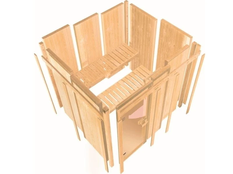 Karibu Sauna Bodin inkl. 9 kW Ofen ext. Steuerung mit Klarglas Ganzglastür -mit Dachkranz-