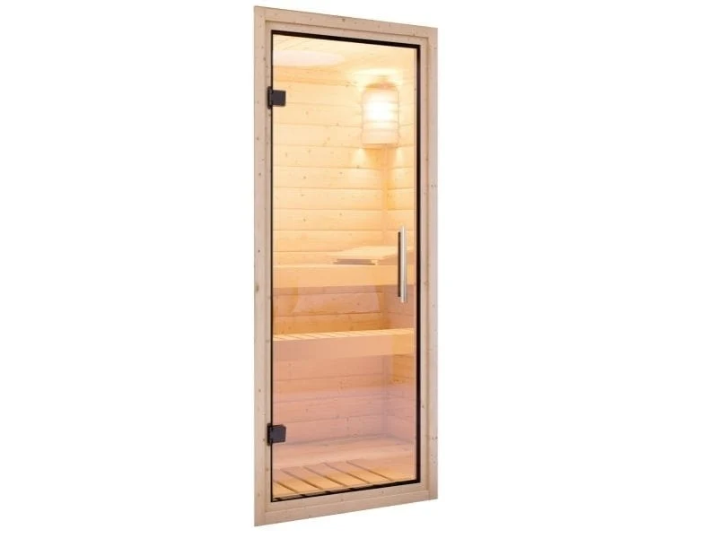 Karibu Sauna Bodin inkl. 9 kW Ofen ext. Steuerung mit Klarglas Ganzglastür -mit Dachkranz-