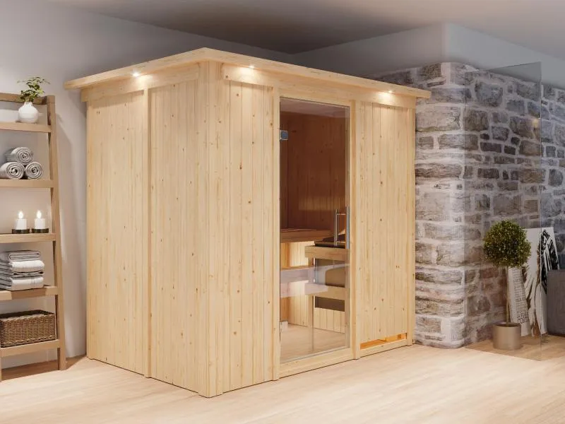 Karibu Sauna Bodin inkl. 9 kW Ofen integr. Steuerung mit Klarglas Ganzglastür -mit Dachkranz-