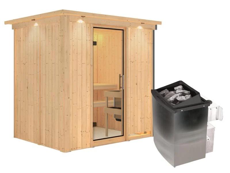 Karibu Sauna Bodin inkl. 9 kW Ofen integr. Steuerung mit Klarglas Ganzglastür -mit Dachkranz-