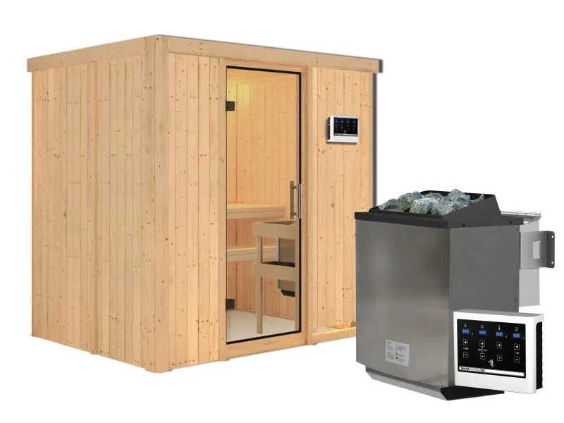 Karibu Sauna Bodin inkl. 9 kW Bioofen ext. Steuerung, mit Klarglas Ganzglastür -ohne Dachkranz-