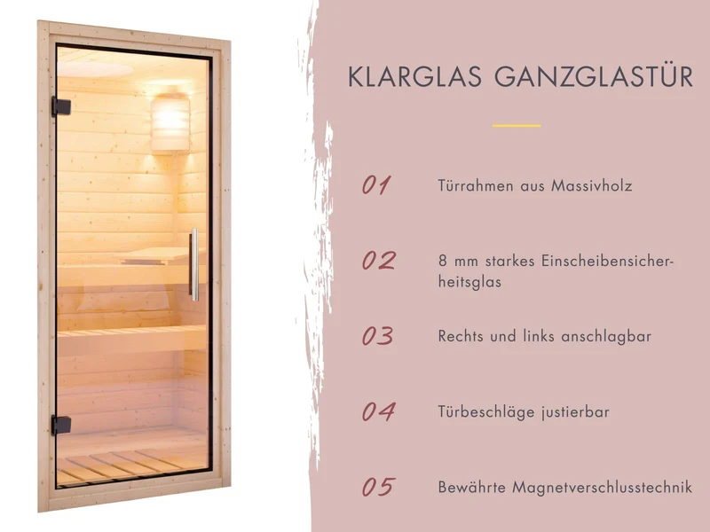 Karibu Sauna Bodin inkl. 9 kW Ofen ext. Steuerung, mit Klarglas Ganzglastür -ohne Dachkranz-