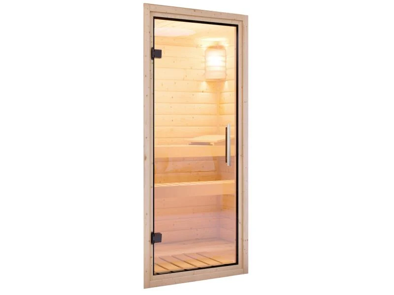Karibu Sauna Bodin inkl. 9 kW Ofen ext. Steuerung, mit Klarglas Ganzglastür -ohne Dachkranz-