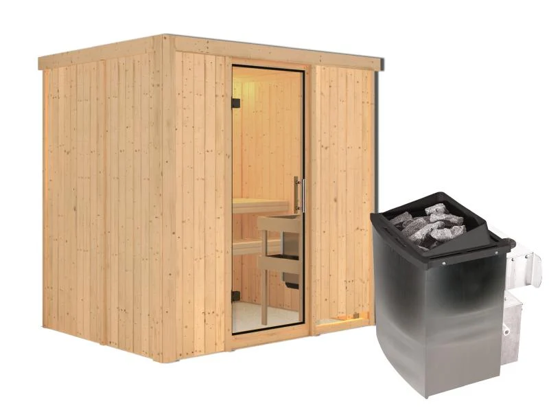 Karibu Sauna Bodin inkl. 9 kW Ofen mit integr. Steuerung, mit klarglas Ganzglastür -ohne Dachkranz-