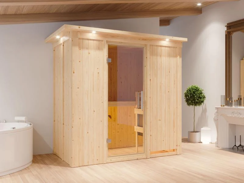 Karibu Sauna Variado inkl. 9 kW Bioofen ext. Steuerung, mit klarglas Ganzglastür -mit Dachkranz-