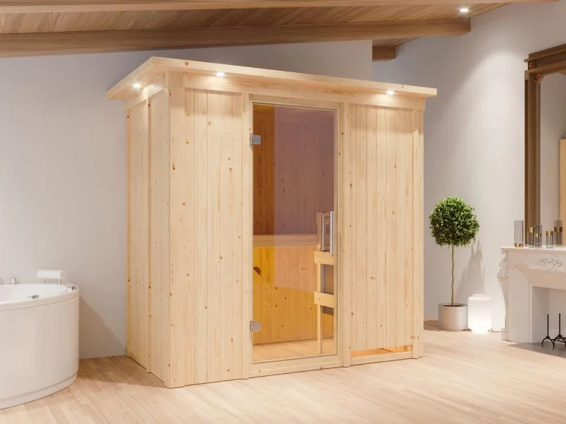Karibu Sauna Variado inkl. 9 kW Ofen ext. Steuerung, mit klarglas Ganzglastür -mit Dachkranz-