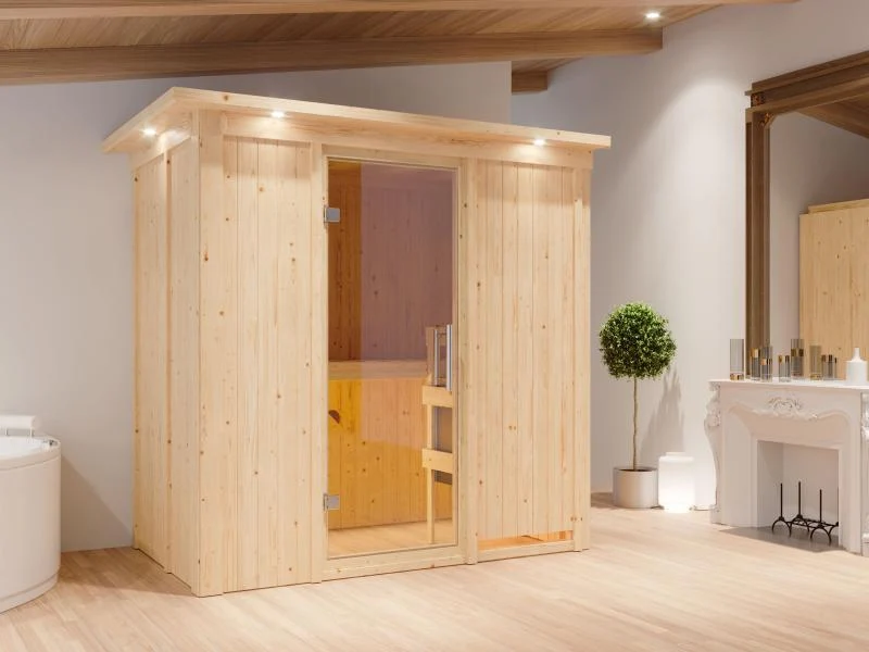 Karibu Sauna Variado inkl. 9 kW Ofen integ. Steuerung, mit klarglas Ganzglastür -mit Dachkranz-