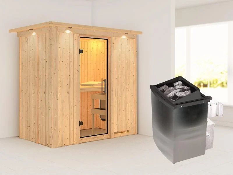 Karibu Sauna Variado inkl. 9 kW Ofen integ. Steuerung, mit klarglas Ganzglastür -mit Dachkranz-