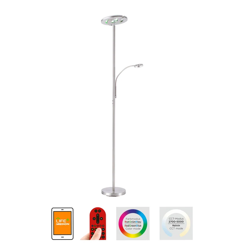 B-Ware LOLA Smart LED-Deckenfluter Rocco dimmbar mit Lesearm Farbwechsel silber 195cm