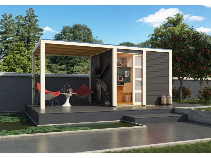 Karibu Gartenhaus Qubic in terragrau mit Anbaudach