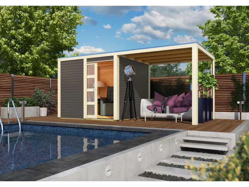 Karibu Gartenhaus Qubic in terragrau mit Anbaudach