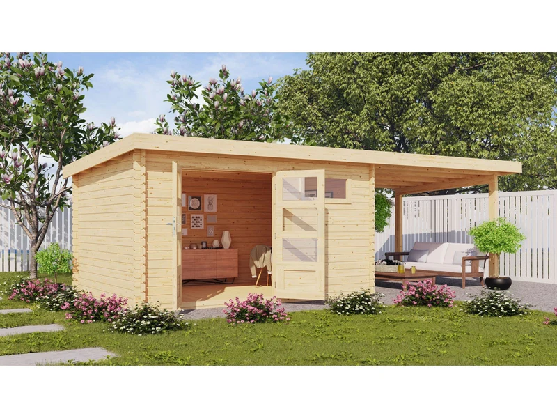Karibu Gartenhaus Bastrup 8 mit Anbaudach 3 Meter natur
