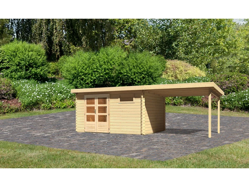 Karibu Gartenhaus Bastrup 8 mit Anbaudach 3 Meter natur