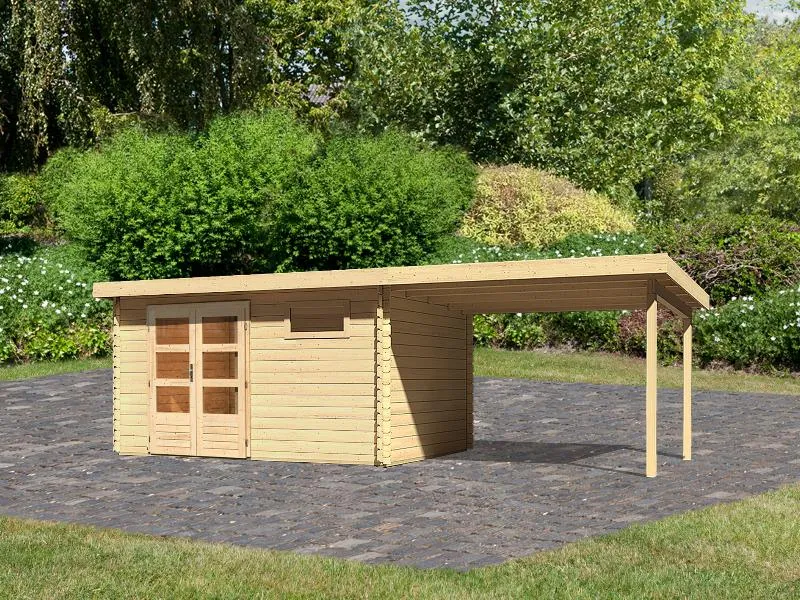 Karibu Gartenhaus Bastrup 8 mit Anbaudach 3 Meter natur
