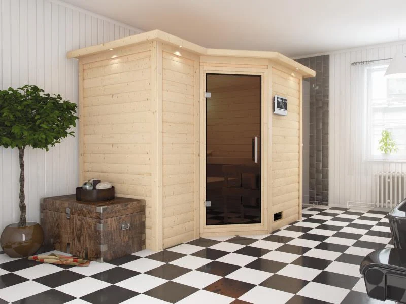 Karibu Sauna Sahib 2 inkl. 9-kW-Bioofen mit externer Steuerung, mit Dachkranz, mit moderner Saunatür