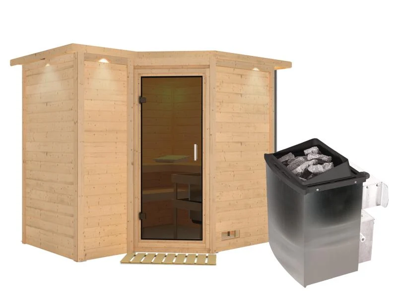 Karibu Sauna Sahib 2 inkl. 9-kW-Ofen mit interner Steuerung, mit Dachkranz, mit moderner Saunatür