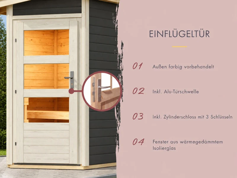 Karibu Saunahaus Skrollan 3 in terragrau 38 mm- 9 kW Bioofen Ext. Strg - moderne Tür