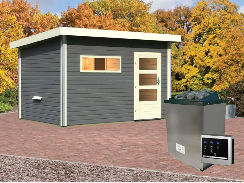Karibu Saunahaus Skrollan 3 in terragrau 38 mm- 9 kW Ofen Ext. Strg - moderne Tür
