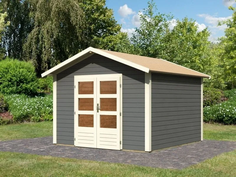 Norlinio Gartenhaus Ravenna 3 terragrau, inkl. Fußboden und Dacheindeckung (Schindeln schwarz)