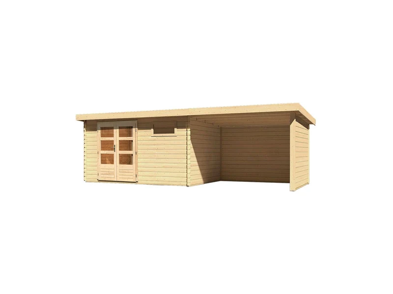 Karibu Gartenhaus Bastrup 8 mit Anbaudach 3 Meter, Rück- und Seitenwand