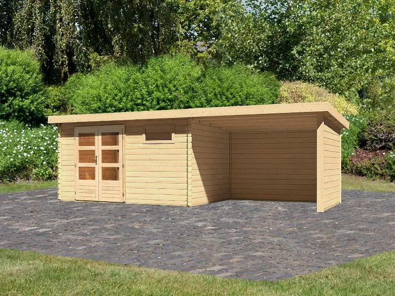 Karibu Gartenhaus Bastrup 8 mit Anbaudach 3 Meter, Rück- und Seitenwand