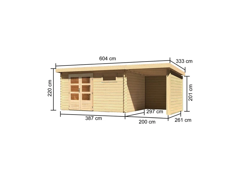Karibu Gartenhaus Bastrup 8 mit Anbaudach 2 Meter, Rück- und Seitenwand