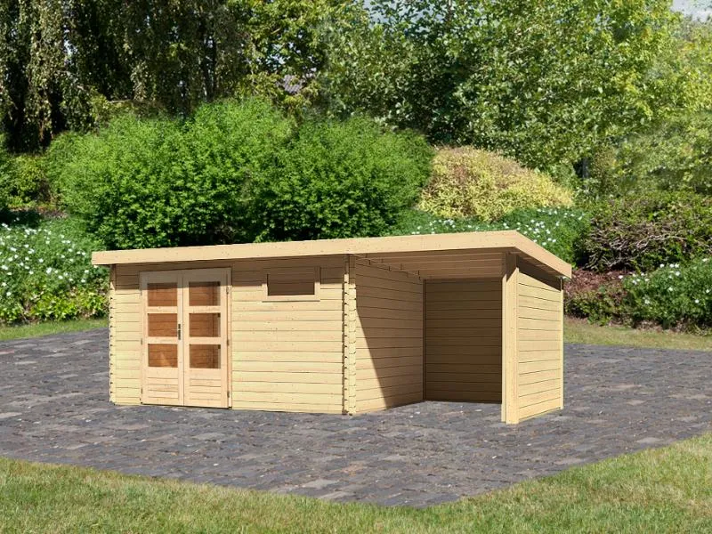 Karibu Gartenhaus Bastrup 8 mit Anbaudach 2 Meter, Rück- und Seitenwand