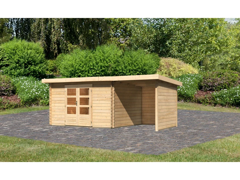 Karibu Gartenhaus Bastrup 7 mit Anbaudach 2 Meter, Rück- und Seitenwand