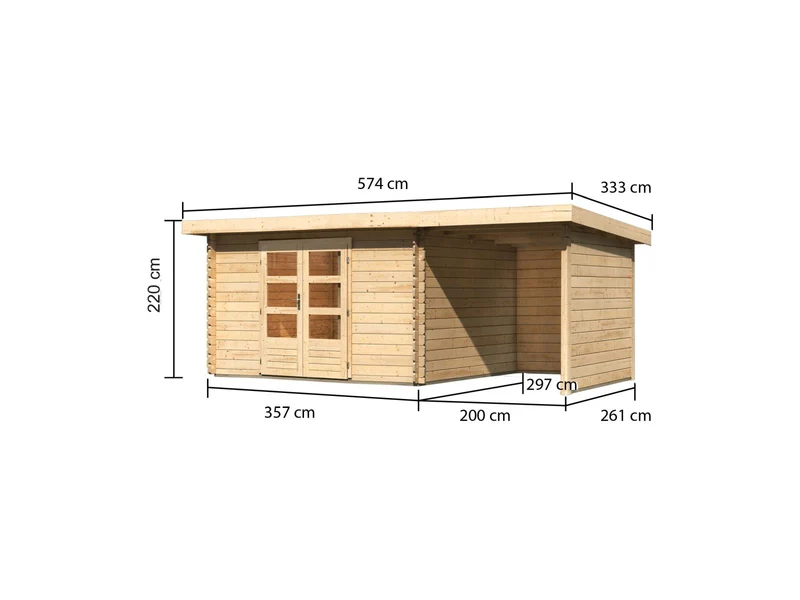 Karibu Gartenhaus Bastrup 7 mit Anbaudach 2 Meter, Rück- und Seitenwand