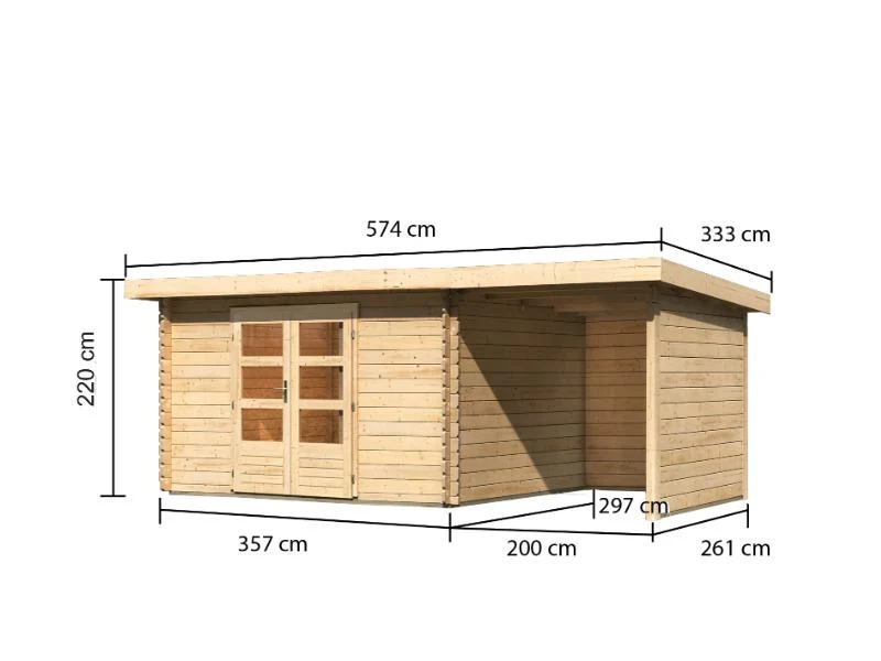Karibu Gartenhaus Bastrup 7 mit Anbaudach 2 Meter, Rück- und Seitenwand