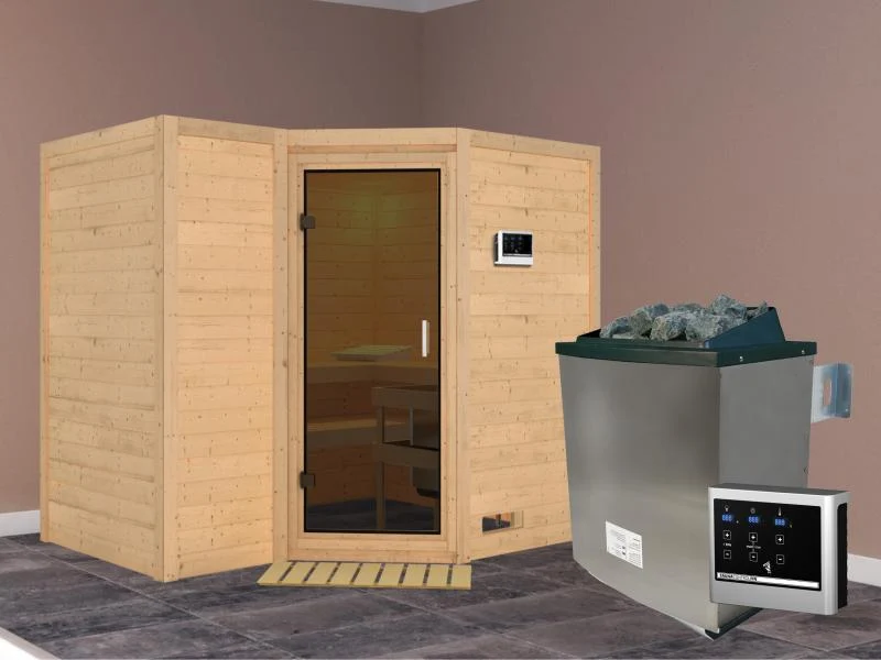 Karibu Sauna Sahib 2 inkl. 9-kW-Ofen mit externer Steuerung, ohne Dachkranz, mit moderne Saunatür