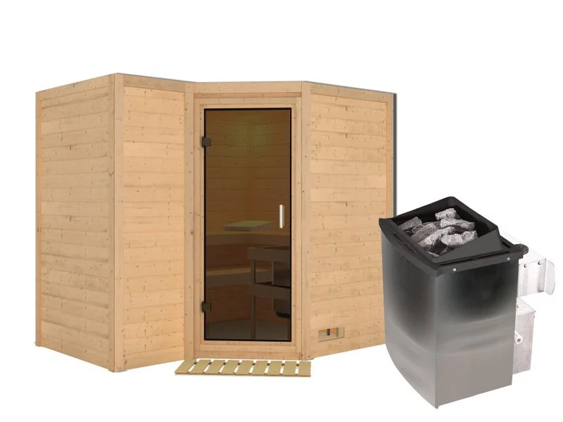 Karibu Sauna Sahib 2 inkl. 9-kW-Ofen mit interner Steuerung, ohne Dachkranz, mit moderner Saunatür