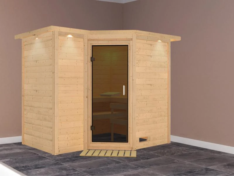 Karibu Sauna Sahib 2 ohne Ofen, mit Dachkranz, mit moderner Saunatür