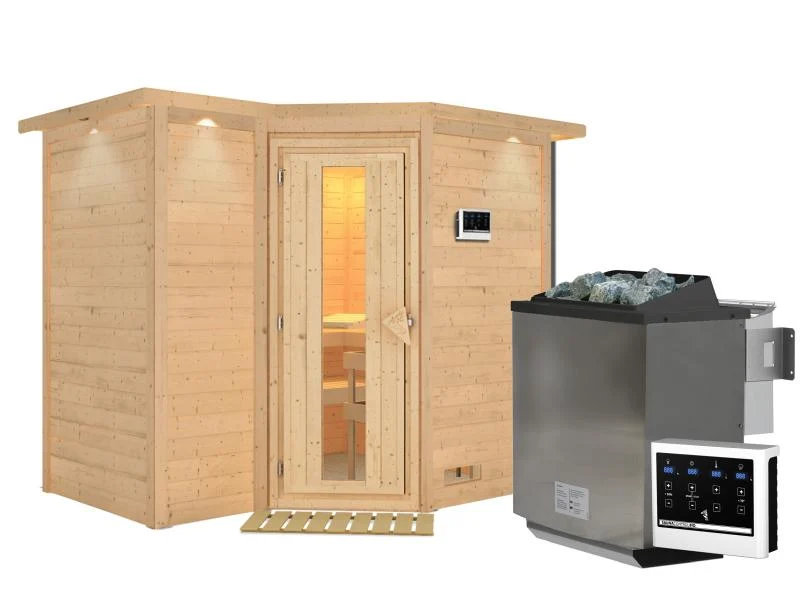 Karibu Sauna Sahib 2 inkl. 9-kW-Bioofen mit externer Steuerung, mit Dachkranz, mit energiesparender