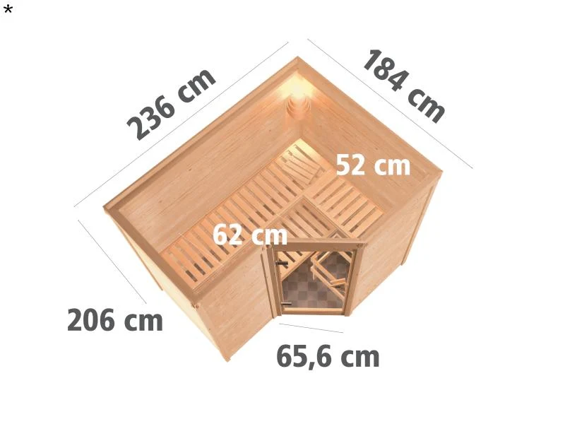 Karibu Sauna Sahib 2 ohne Ofen, ohne Dachkranz, mit moderner Saunatür
