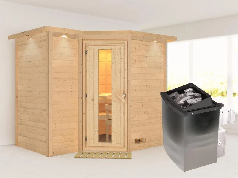 Karibu Sauna Sahib 2 inkl. 9-kW-Ofen mit interner Steuerung, mit Dachkranz, mit energiesparender Sau