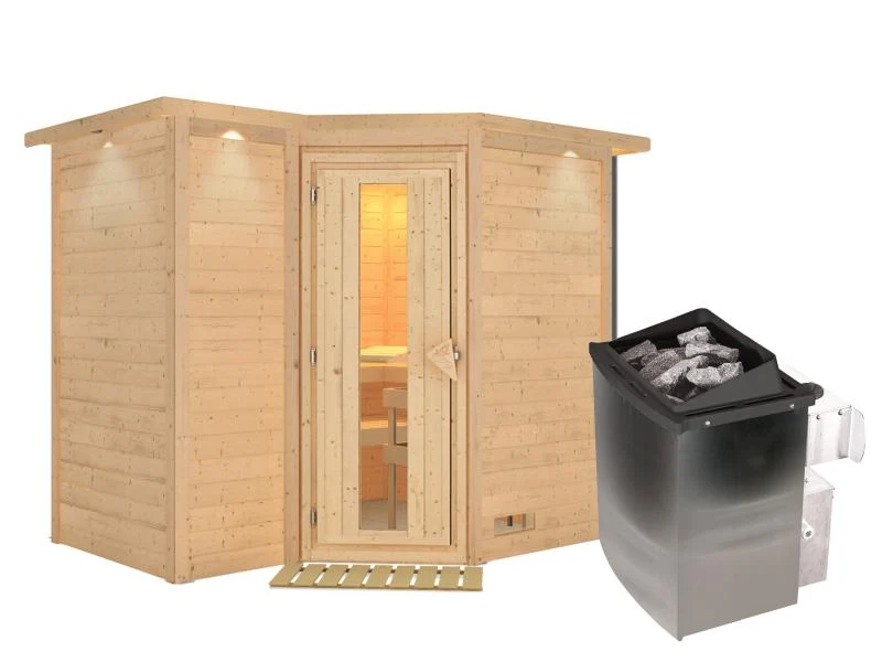 Karibu Sauna Sahib 2 inkl. 9-kW-Ofen mit interner Steuerung, mit Dachkranz, mit energiesparender Sau