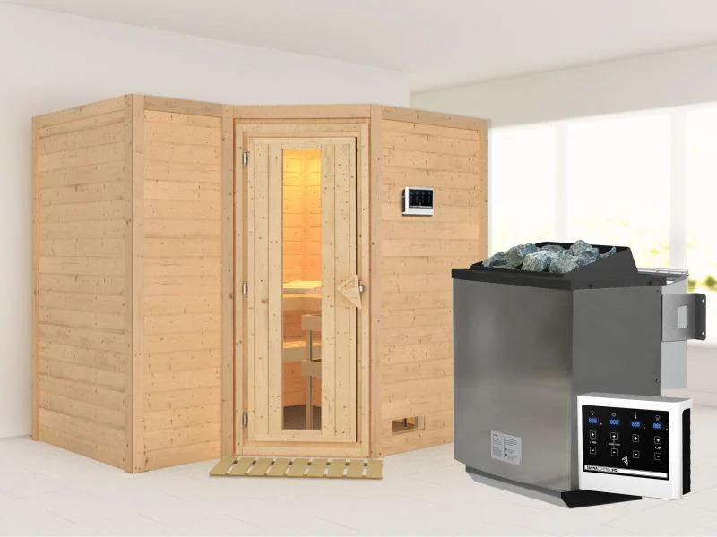 Karibu Sauna Sahib 2 inkl. 9-kW-Bioofen mit externer Steuerung, ohne Dachkranz, mit energiesparender