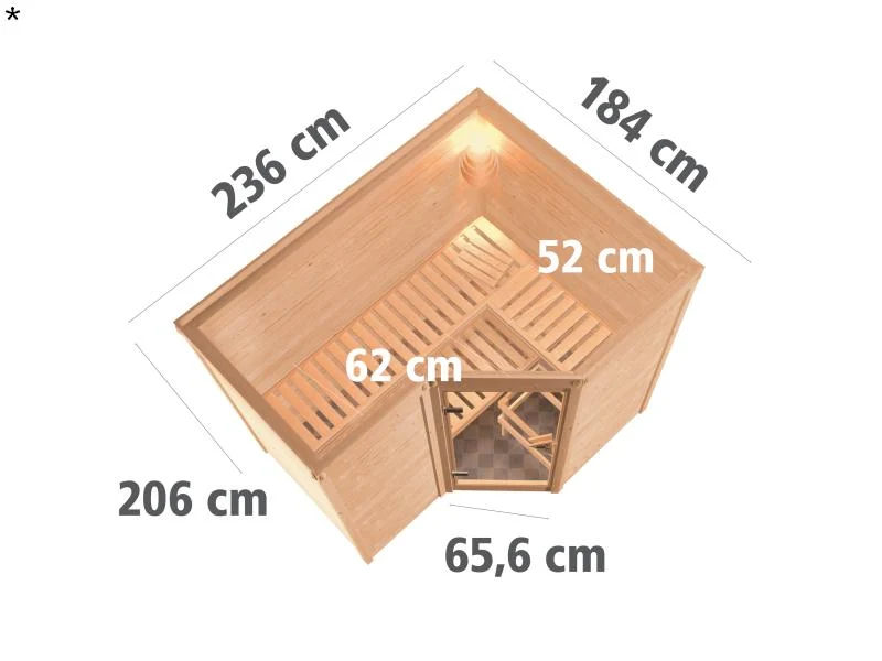 Karibu Sauna Sahib 2 inkl. 9-kW-Bioofen mit externer Steuerung, ohne Dachkranz, mit energiesparender