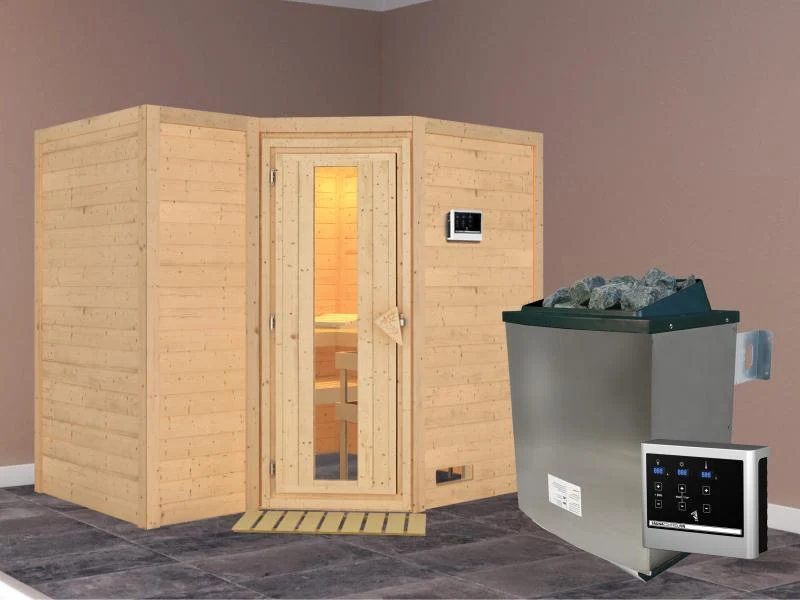 Karibu Sauna Sahib 2 inkl. 9-kW-Ofen mit externer Steuerung, ohne Dachkranz, mit energiesparender Sa
