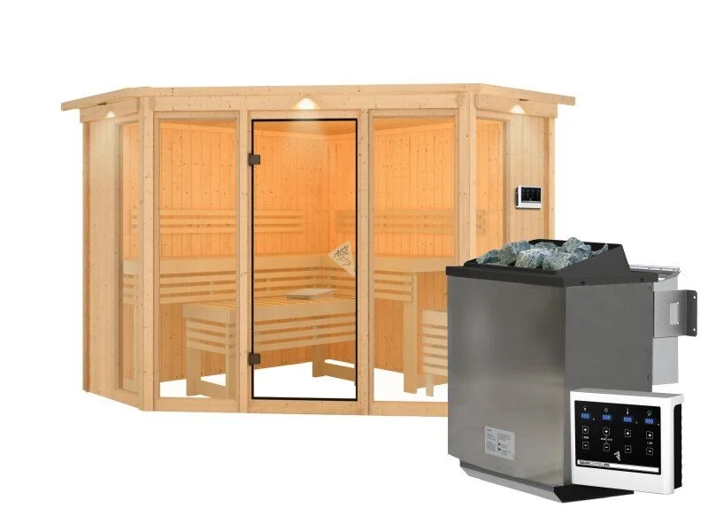 Karibu Sauna Alcinda mit Dachkranz- 9 kW Bioofen Ext. Strg 68 mm