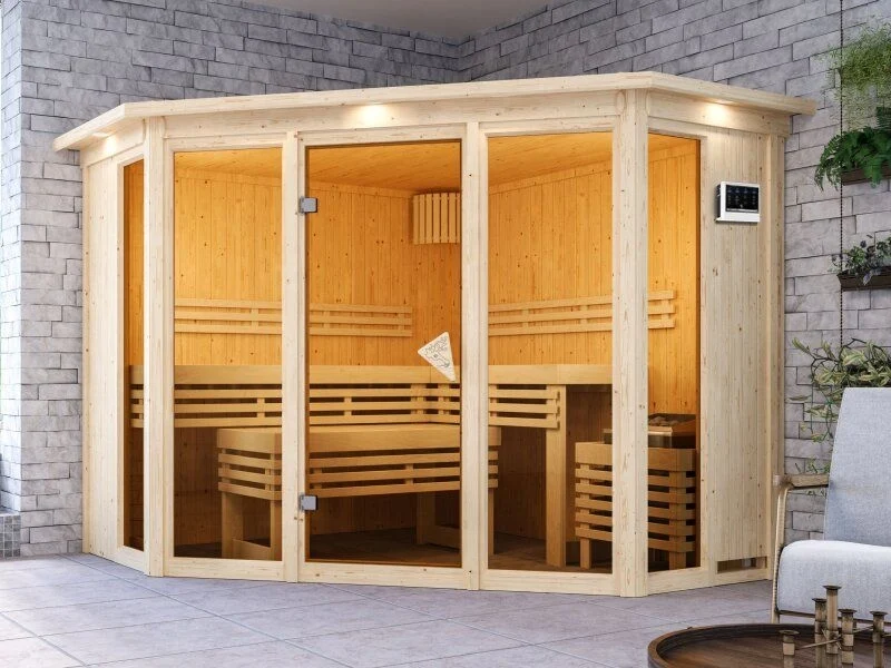Karibu Sauna Alcinda mit Dachkranz- 9 kW Bioofen Ext. Strg 68 mm