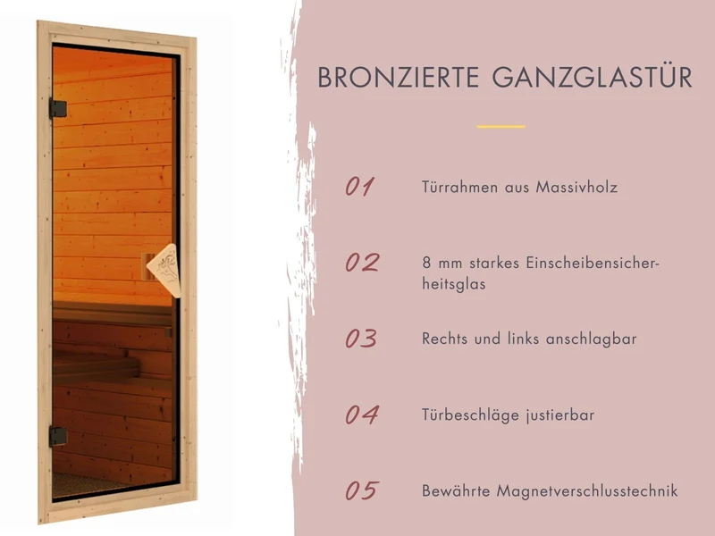 Karibu Sauna Alcinda mit Dachkranz- 9 kW Bioofen Ext. Strg 68 mm
