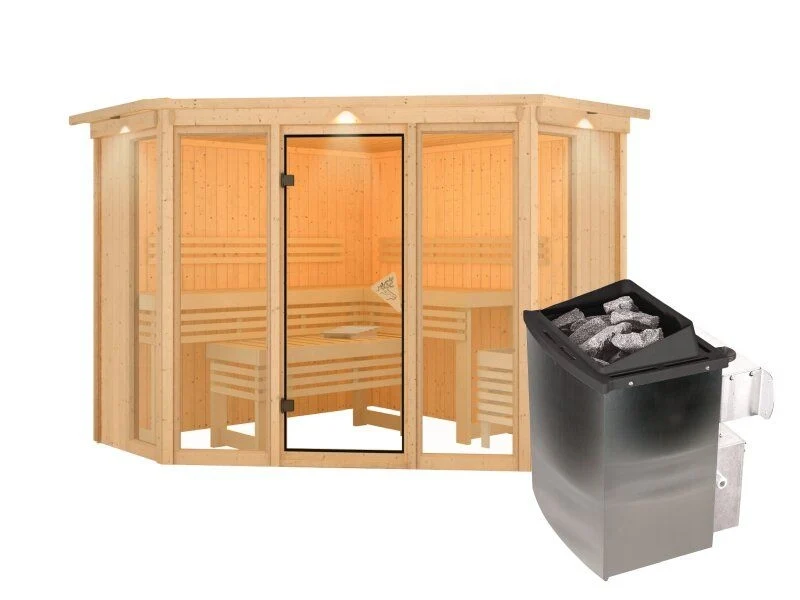 Karibu Sauna Alcinda mit Dachkranz- 9 kW Ofen Integr. Strg 68 mm