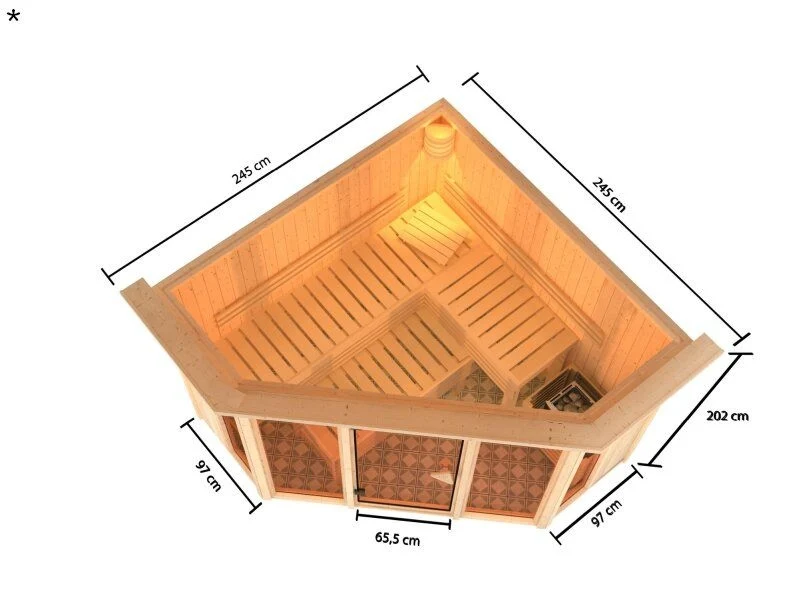 Karibu Sauna Alcinda mit Dachkranz- 9 kW Ofen Integr. Strg 68 mm