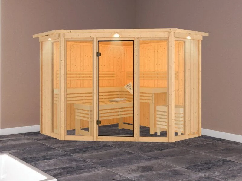 Karibu Sauna Alcinda mit Dachkranz- ohne Ofen 68 mm