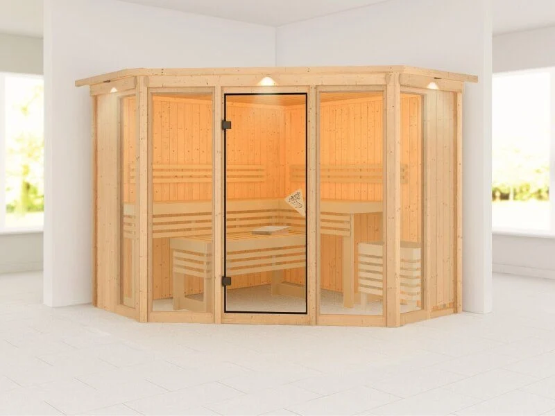 Karibu Sauna Alcinda mit Dachkranz- ohne Ofen 68 mm