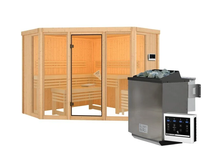 Karibu Sauna Alcinda mit 9 kW Bioofen Ext. Strg 68 mm